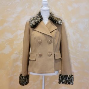 INC Beige Wool Blend Faux Fur Collar Pea Coat